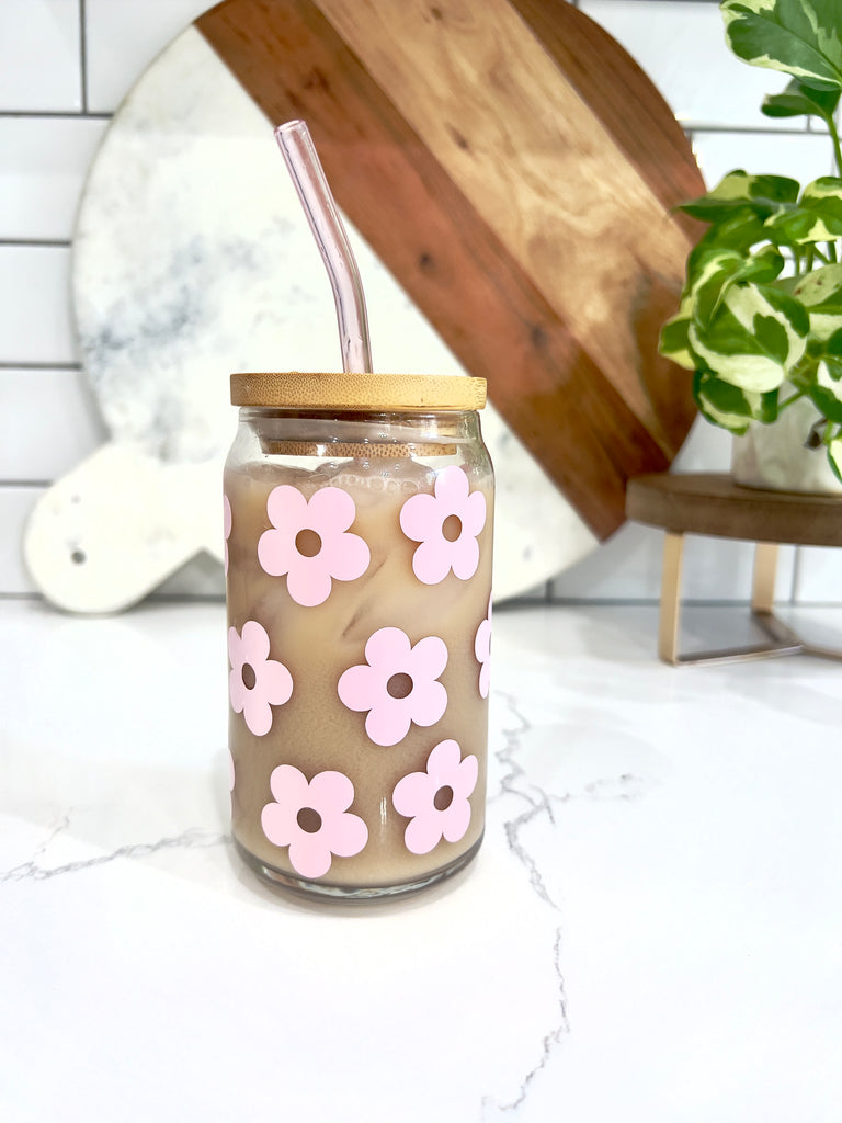 Rose Gold Floral Glass Can With Lid and Straw 