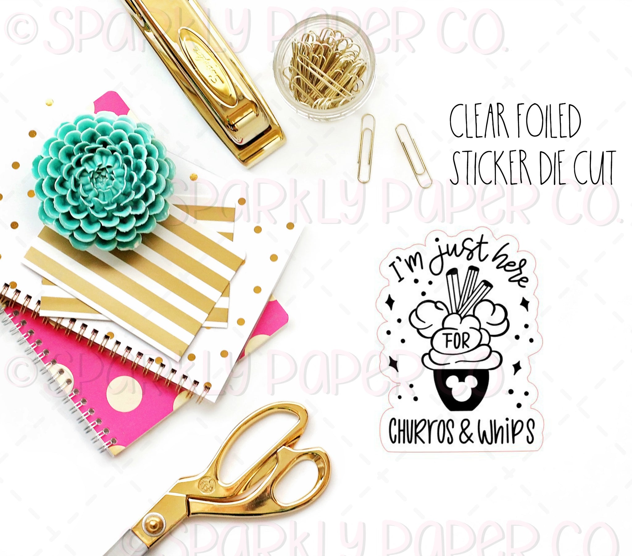 Churros and Whips Clear Sticker Foiled Die Cut