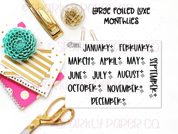 Large Foiled Luxe Monthly stickers  (clear paper)